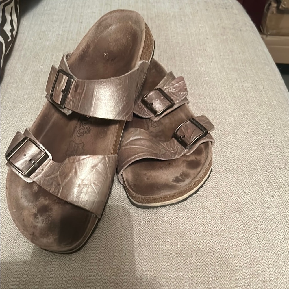 Birkis metallic/tan Brown Double Strap Sandals, size 44